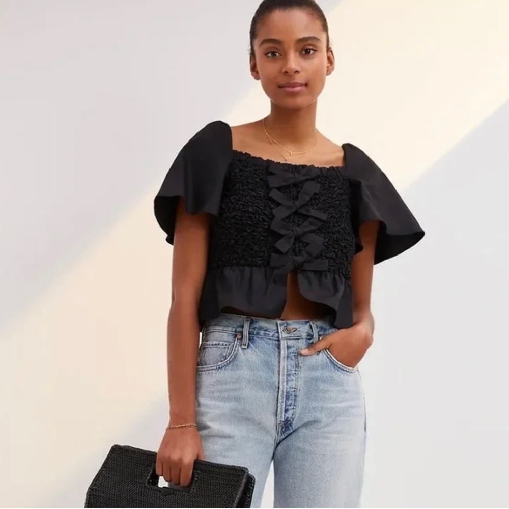 Mare Mare X Anthropologie Smocked Bow Tie Ruffle Puff Sleeve Blouse